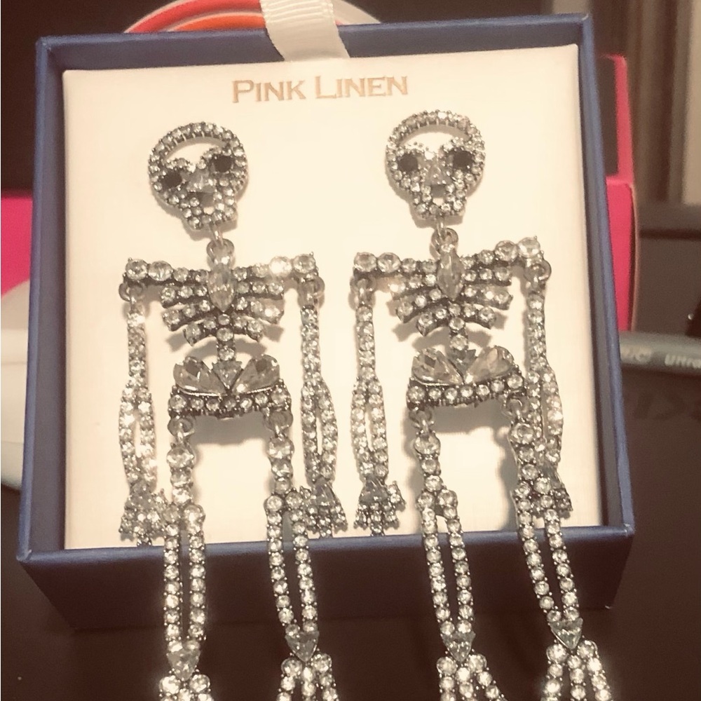 Pink Linen Halloween Crystal Skeleton Earrings